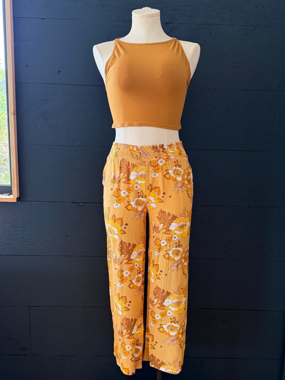 Volcom Yellow Floral Crinkle Wide Leg Pants Size XS